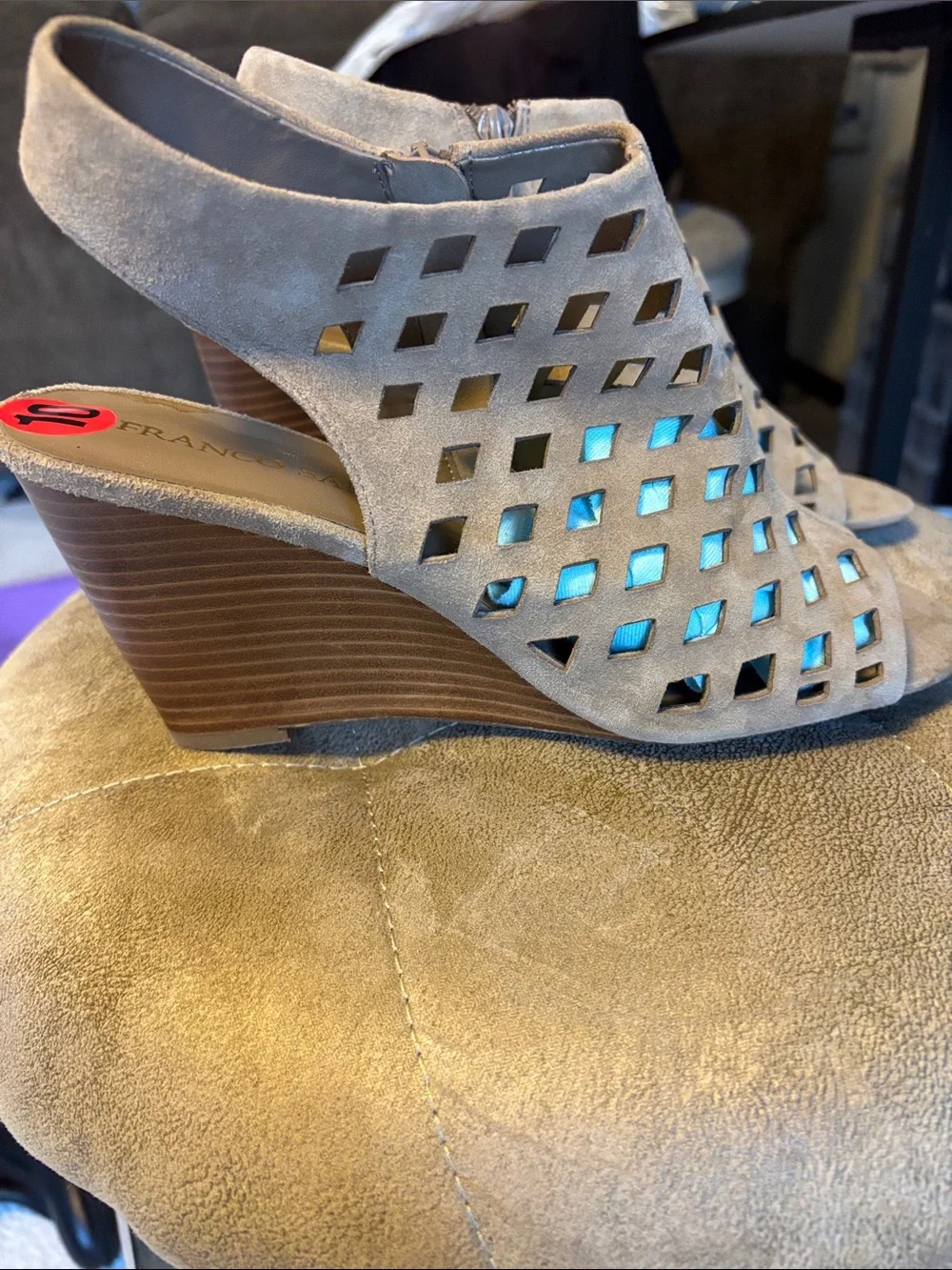 Franco Sarto Taupe Suede Cutout Wedge Sandals
